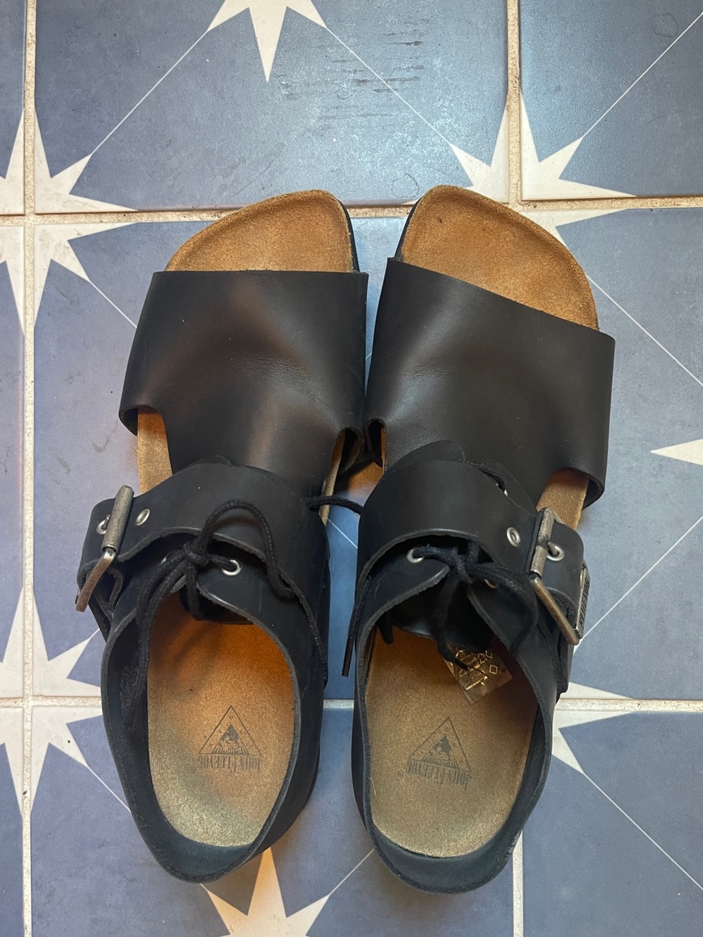 John Fluevog Black Leather Slide Buckle Sandals